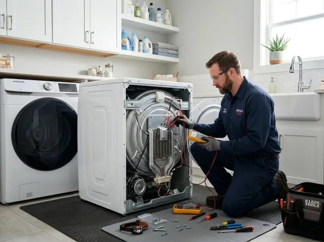Appliance Repair Hero technician checking a dryer heating element with the rear panel off in Bellmawr, NJ