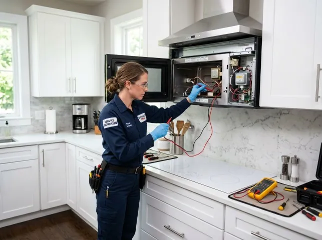 Appliance Repair Hero technician testing an over-the-range microwave in a Bellmawr, NJ kitchen
