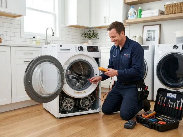 Appliance Repair Hero technician testing a front-load washer with a multimeter on a Bellmawr, NJ service call